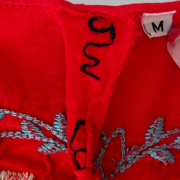 Johnny Was Love Bird Floral Embroidered Flutter Short Sleeve Top Tee Red Sz Med - Picture 4 of 8